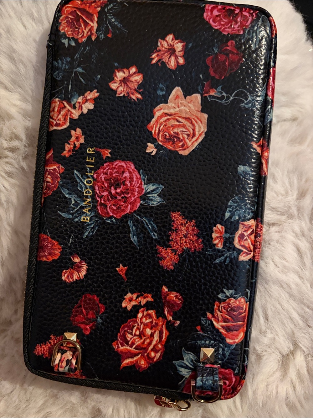 Bandolier Black Floral Expanded Zip Pouch with Red and Pink Roses